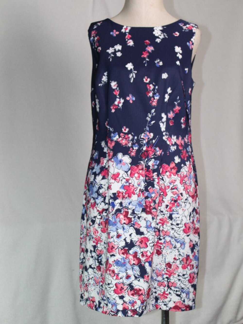 Alyx Dress Size 12 Sleeveless Navy Blue Pink Floral Round Neck Midi Sheath Dress